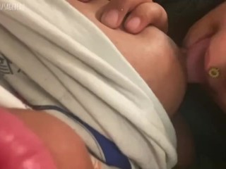 Sucking her giant knockers