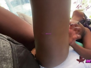 Tight pussy lesbian stepsister tries taking neighbor’s large cock at the kitchen counter