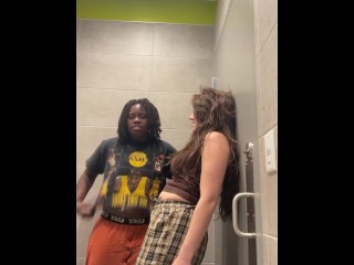 Interracial lesbian amateurs have amusing in eating place rest room