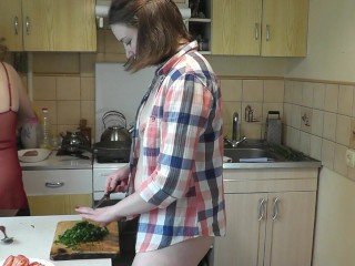 Two ladies Horny blonde Milf and wonderful brunette lady bare in kitchen with out panties. Titties Ass